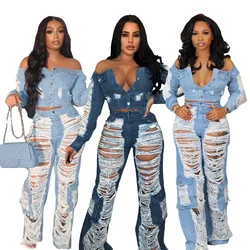 Women Denim Pants Autumn Fashion Hollow Out Ripped Pockets Denim Cargo Pants Streetwear Lady Casual Straight Jeans Wide Leg Pant