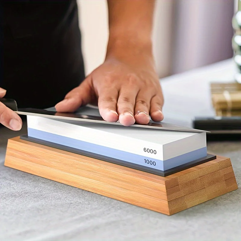 1pc high-quality sharpening stone, double-sided 1000/6000 water grain stone, anti slip bamboo base and angle guide