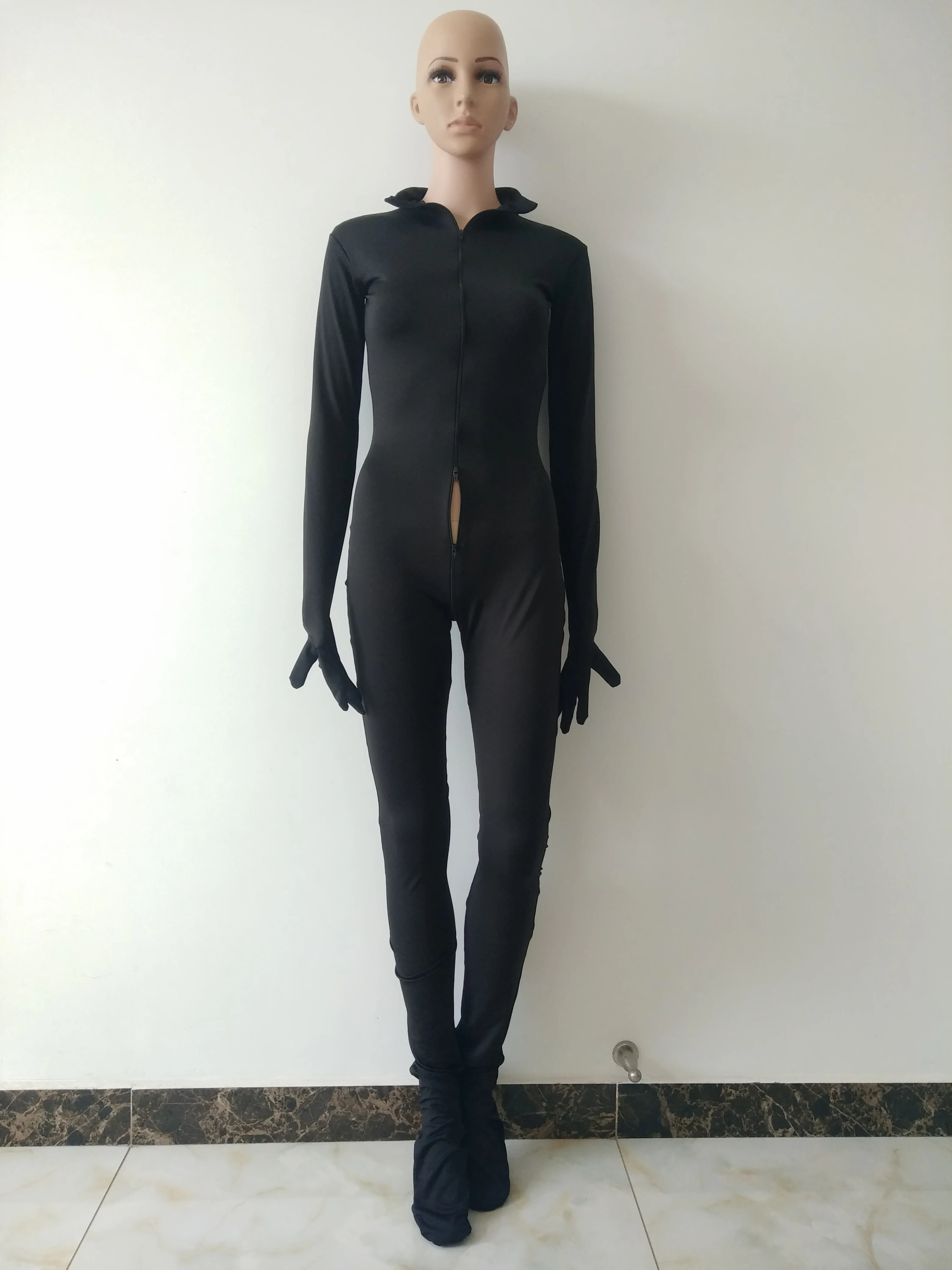 Traje de cuerpo entero para Halloween, traje de licra, Zentai, traje de actuación en escenario, de 3 vías con cremallera frontal, color negro