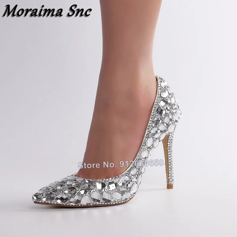 

Moraima Snc Rhinestonne High Heel Pumps Pointy Toe Stiletto Heels Wedding Shoes On Heels Elegant Summer Crystal Shoes For Women