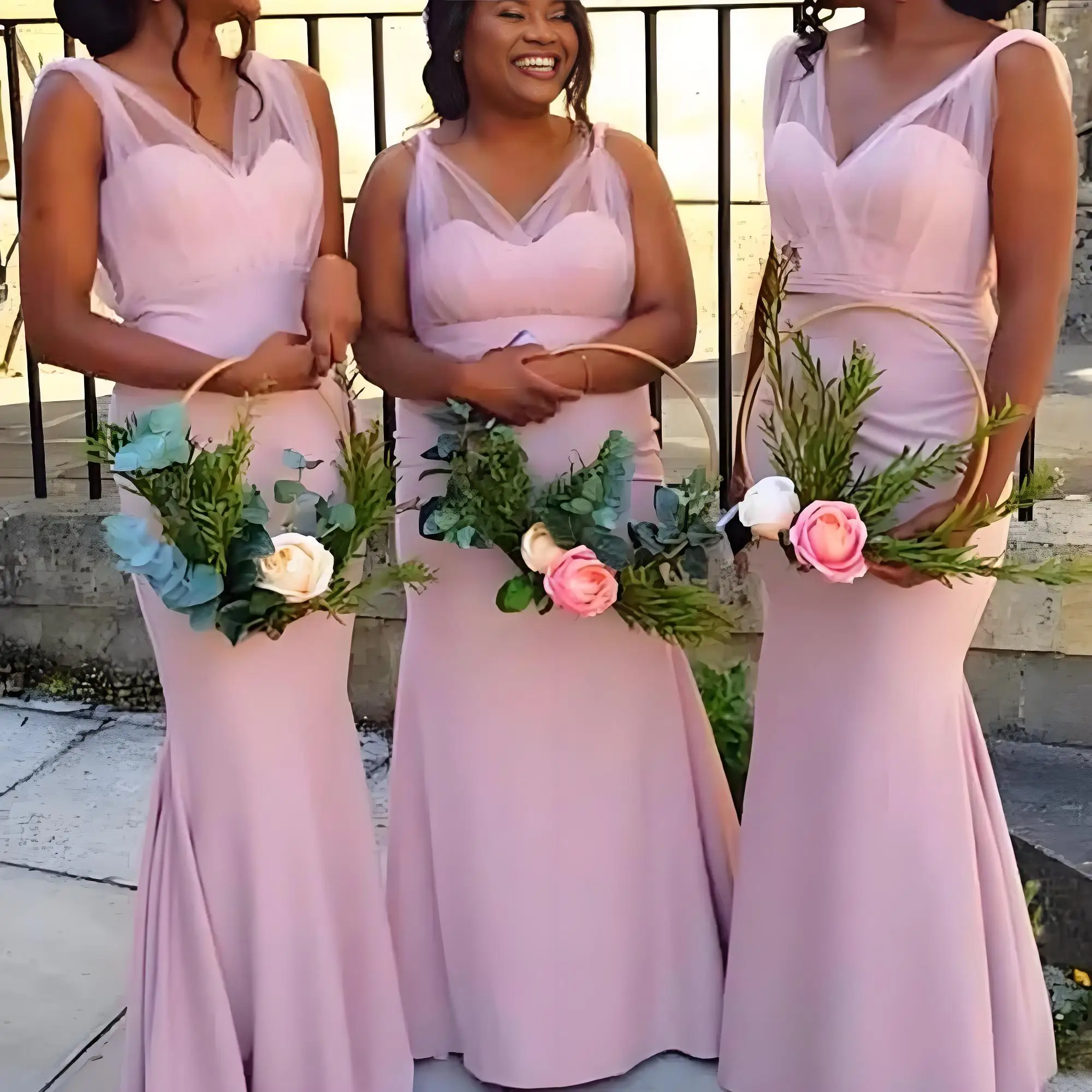 Beshinel Customized Pink V Neck Sleeveless Mermiad Bridesmaid Dresses Mesh Stitching Elegant Satin Wedding Party Prom Gowns 2025
