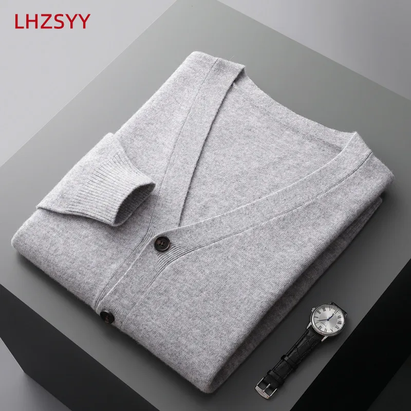 LHZSYY-cárdigan 100% de lana pura para hombre, suéter de cachemira, chaqueta de punto de manga larga, Color sólido, Top de alta calidad, Otoño e