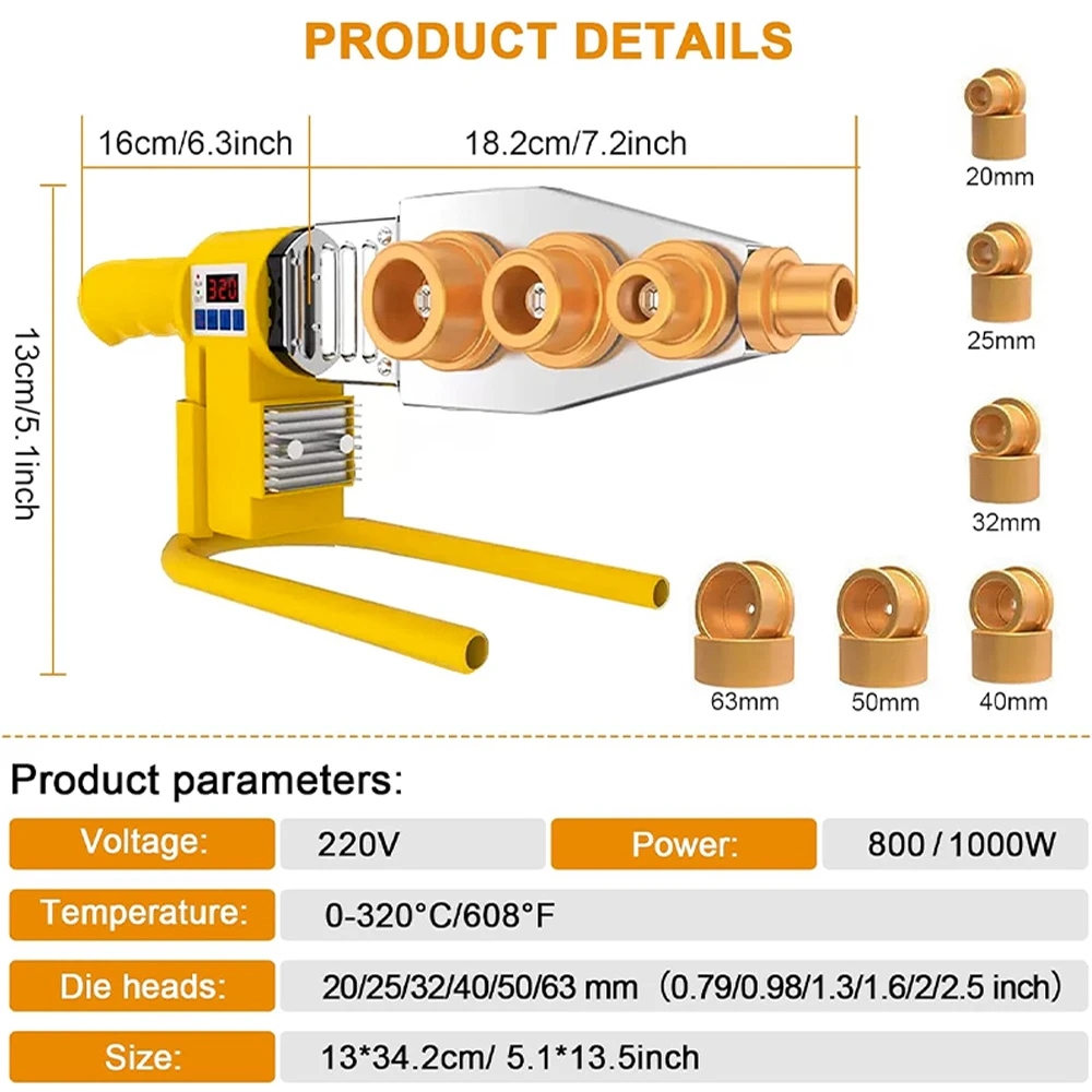 800/1000W Pipe Welding Machine 220V Pipe Welding Iron PB/PP/PE/PPR Pipe Welding Tools, Home Water Pipe Plastic Welding Tools