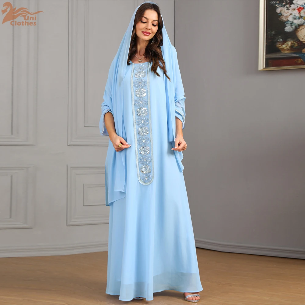 Uni muzułmańska abaja cekiny O-Neck długa sukienka dla kobiety elegancki Casual marokański saudyjski Kaftan dubaj Kebaya stylowa szata 2024