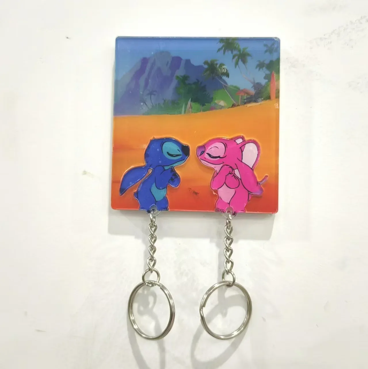 Disney Stitch Couple Key Holder Wall Prevent Loss Key Pendant Lover Key Chain Home Decor Refrigerator Sticker Storage Decor