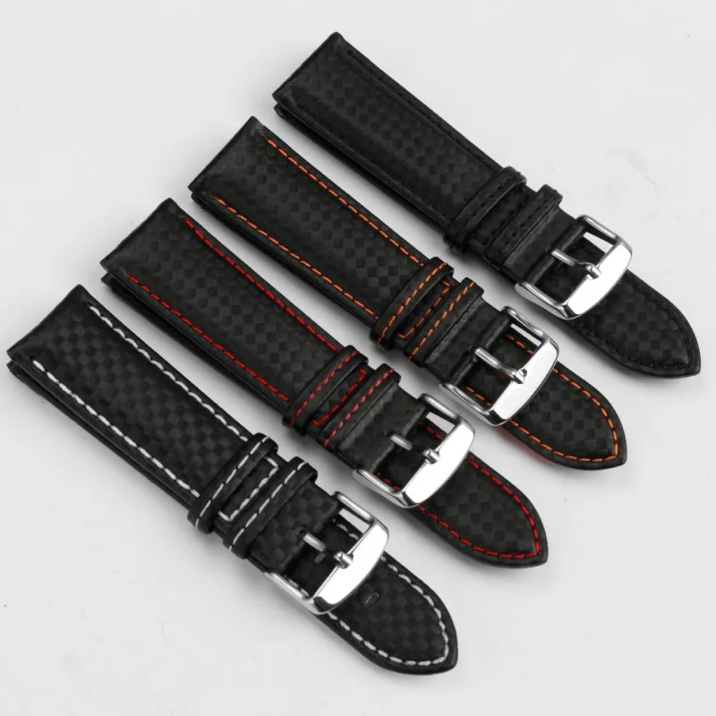 Carbon fiber patterned cowhide strap red orange stitching bracelet Stainless Steel Buckle 20mm 21mm 22mm 23mm Men‘s Watch band