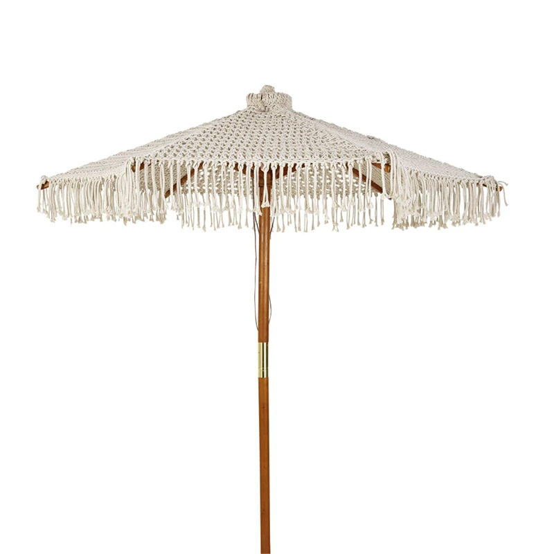 Outdoor Handwoven Macrame Garden Parasol with Beech Wood Mechanics 2.5m Beach Umbrella with Cotton Fringe
