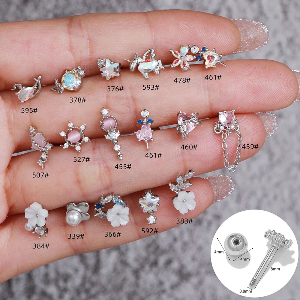 1PC Silver Color Stainless Steel Ear Stud Earrings for Women Girl Star Flower Crystal Helix Cartilage Earring Piercing Jewelry