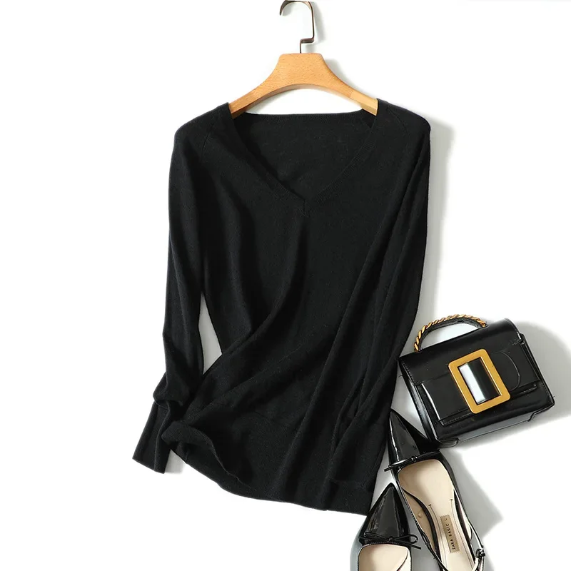 

aliaga autumn stylish black 100% cashmere v neck sweater pullovers
