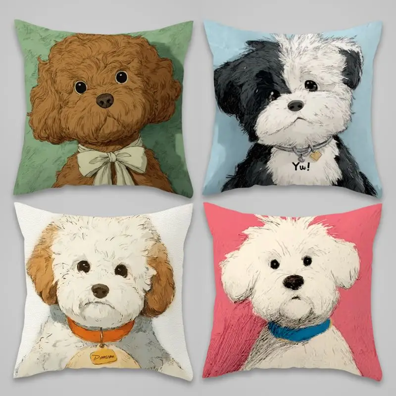 Artistic Dog Portrait Pillowcase Set For Pet Lovers Cute Puppy Nursery Decor Bedding Home Throw Pillow Cover