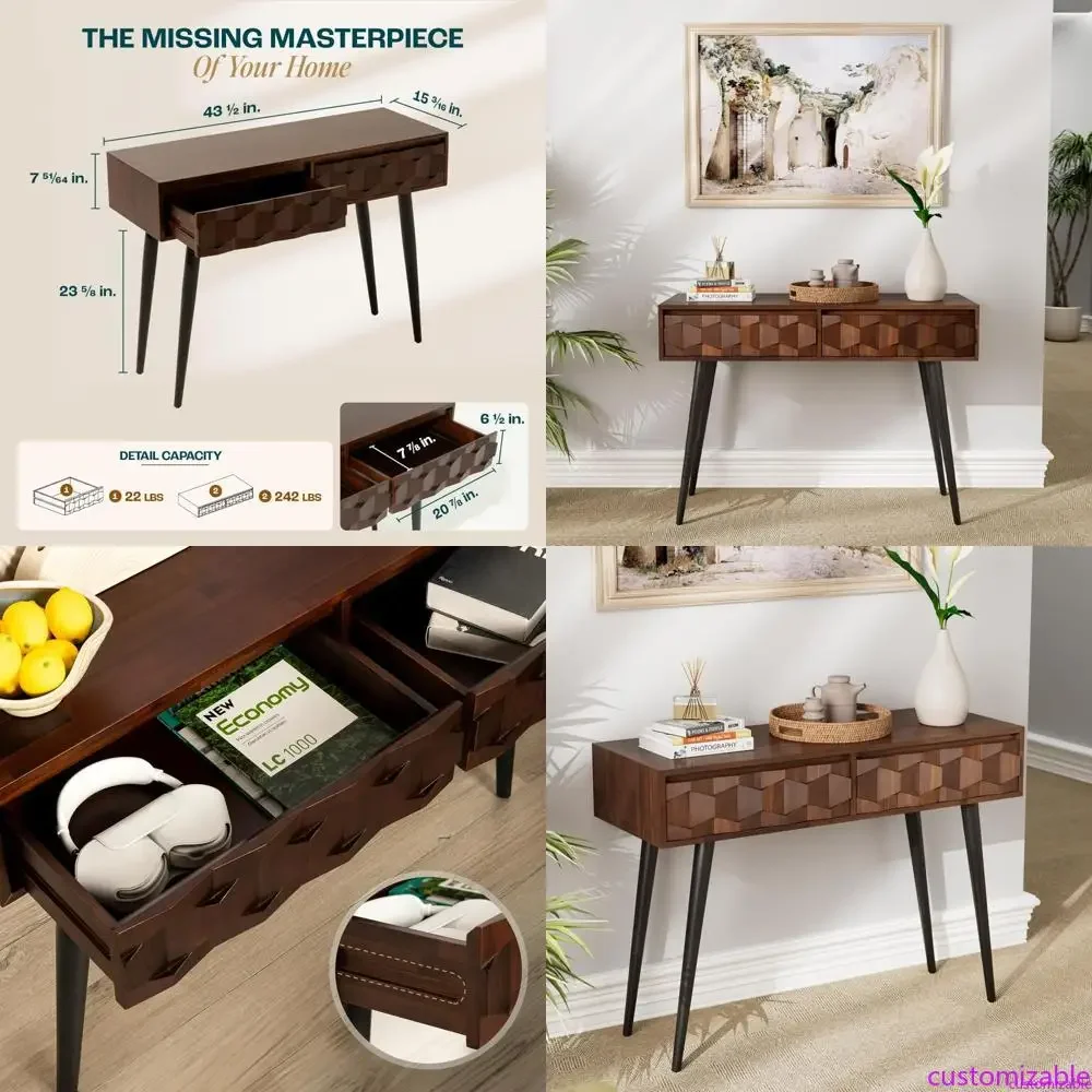 

Современный журнальный столик в стиле середины века с 2 ящиками и геометрическим дизайном для прихожей, коридора, гостиной, отделка под орех