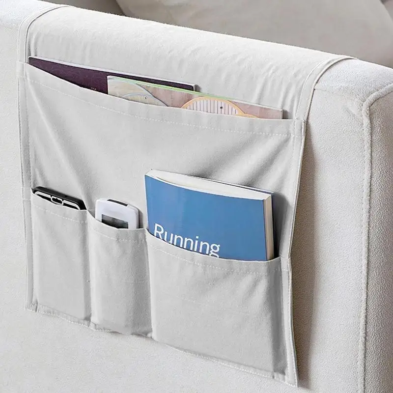 Armrest Organizer Couch Remote Control Holder Non-Slip Canvas Arm Chair Caddies With 5 Pockets For Sofa Armrest Storage Living