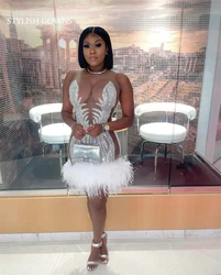 White O Neck Short Prom Dresses For Black Girls Bead Crystal 2024 Birthday Luxury Dress Feather Mermaid Mini Cocktail Customized