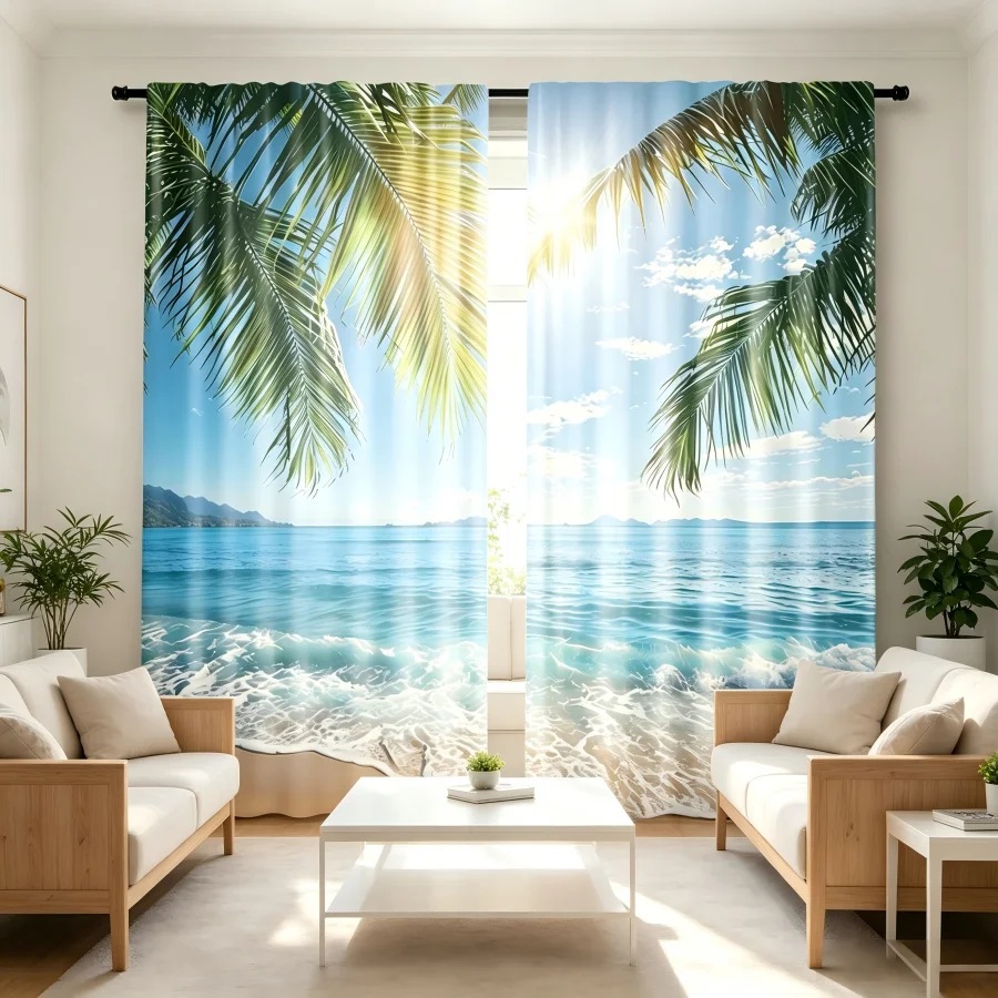 2PCS Digital Print  Curtain, Sunny Beach Blue Waves, Rustic Farmhouse Window Treatment Drape for Bedroom Kitchen Decor