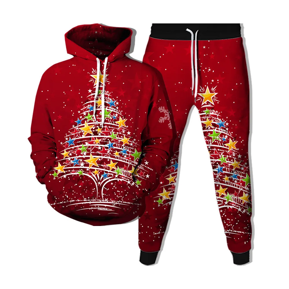 Men\'s Hoodie Sets 3D Printed Santa Claus Men Women Tracksuit Pants 2Pcs Suits Oversized Christmas New Year Party Couple Clothing