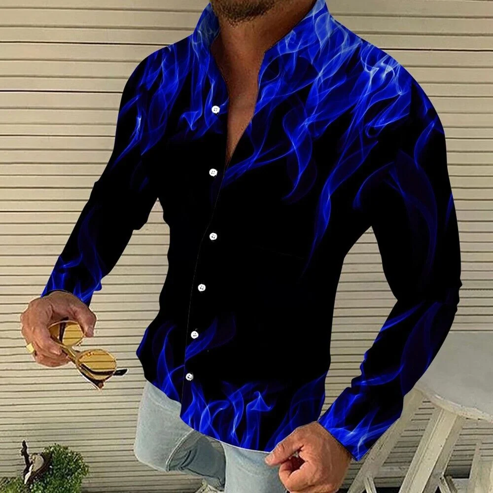 Chemise à manches longues pour hommes, motif de flamme, bouton à revers, grande taille, rue décontractée, confortable, tissu doux, livraison rapide