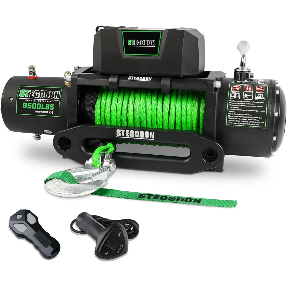 9500lb Electric 12V Waterproof Electric Winch Synthetic Rope Winch with Wireless Handheld Remote and Corded