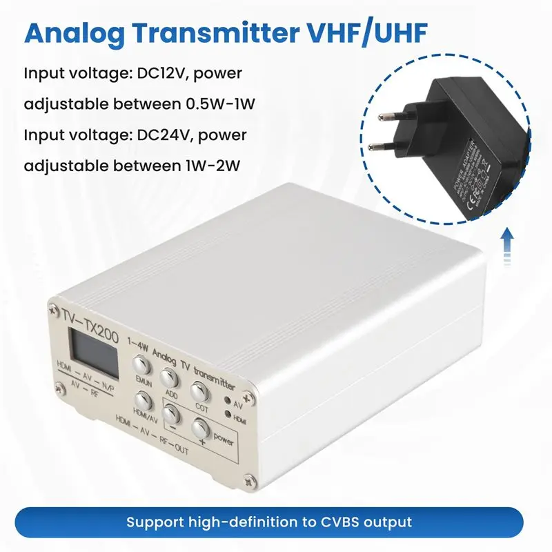 A98Z Analog TV Transmitter VHF/UHF Frequency Band Selectable Transmitter Frequency Power Supports /CVBS Signal Input EU Plug