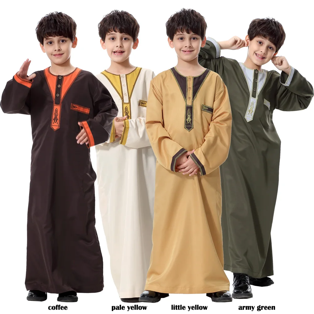 2024 Muslim Boys Kaftan Islamic Clothing Arab Malay Turkey Abayas Kids Long Dress Children Robe Embroidery White Yellow Th872