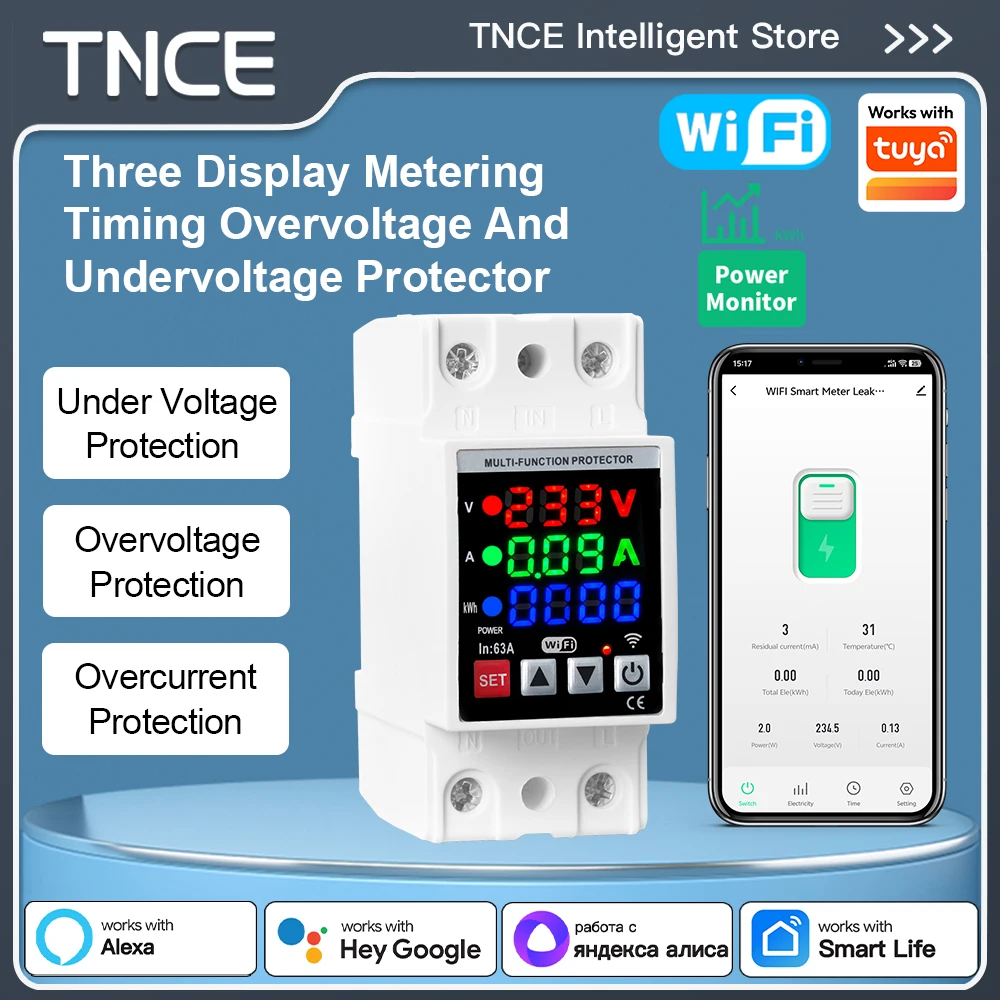 TNCE Tuya Energy Meter WIFI 1-63A Adjustable, Current leakage, OverVoltage and UnderVoltage Protective smart circuit Breaker