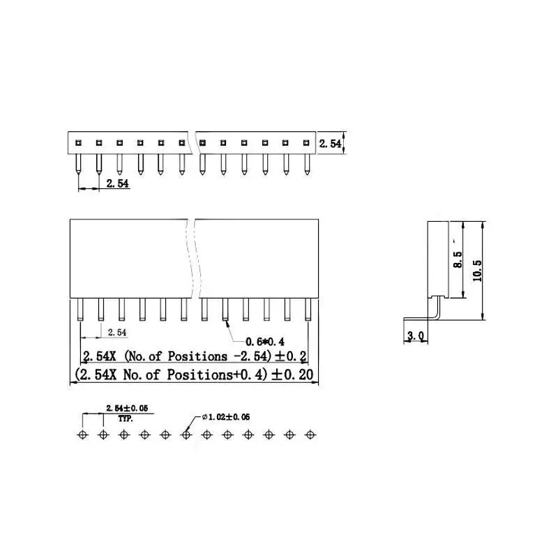 5~10~20 Stück 2,54 mm Rastermaß Einreihiger Buchsenstecker mit gebogenen Stiften, 90 Grad horizontal 1*2P 3P 4P 5P 6P 8P 1X40p – Detail 1