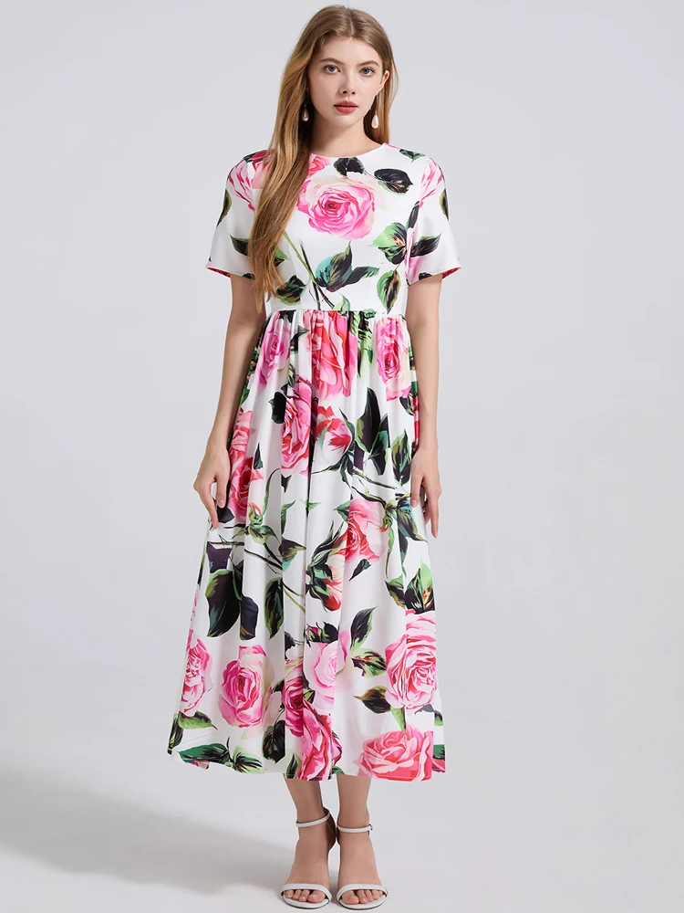 

Summer Lady Gorgeous Flower Print Maxi Dress Women's Vintage Fashion O-Neck Short Sleeve Casual A-Line Party Dresses Robe