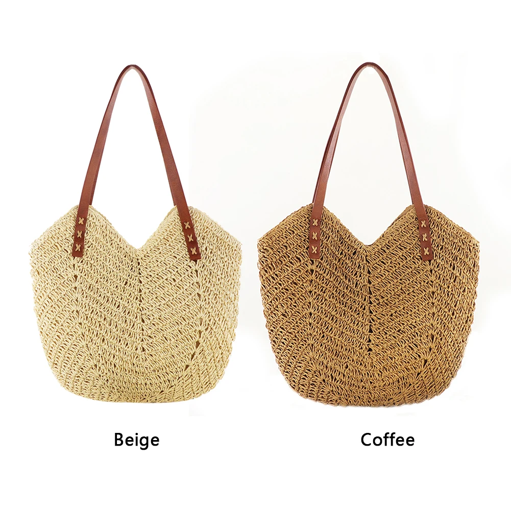 Bolsa feminina de palha tecida à mão, bolsa de ombro, bolsa de praia, casual, para viagens