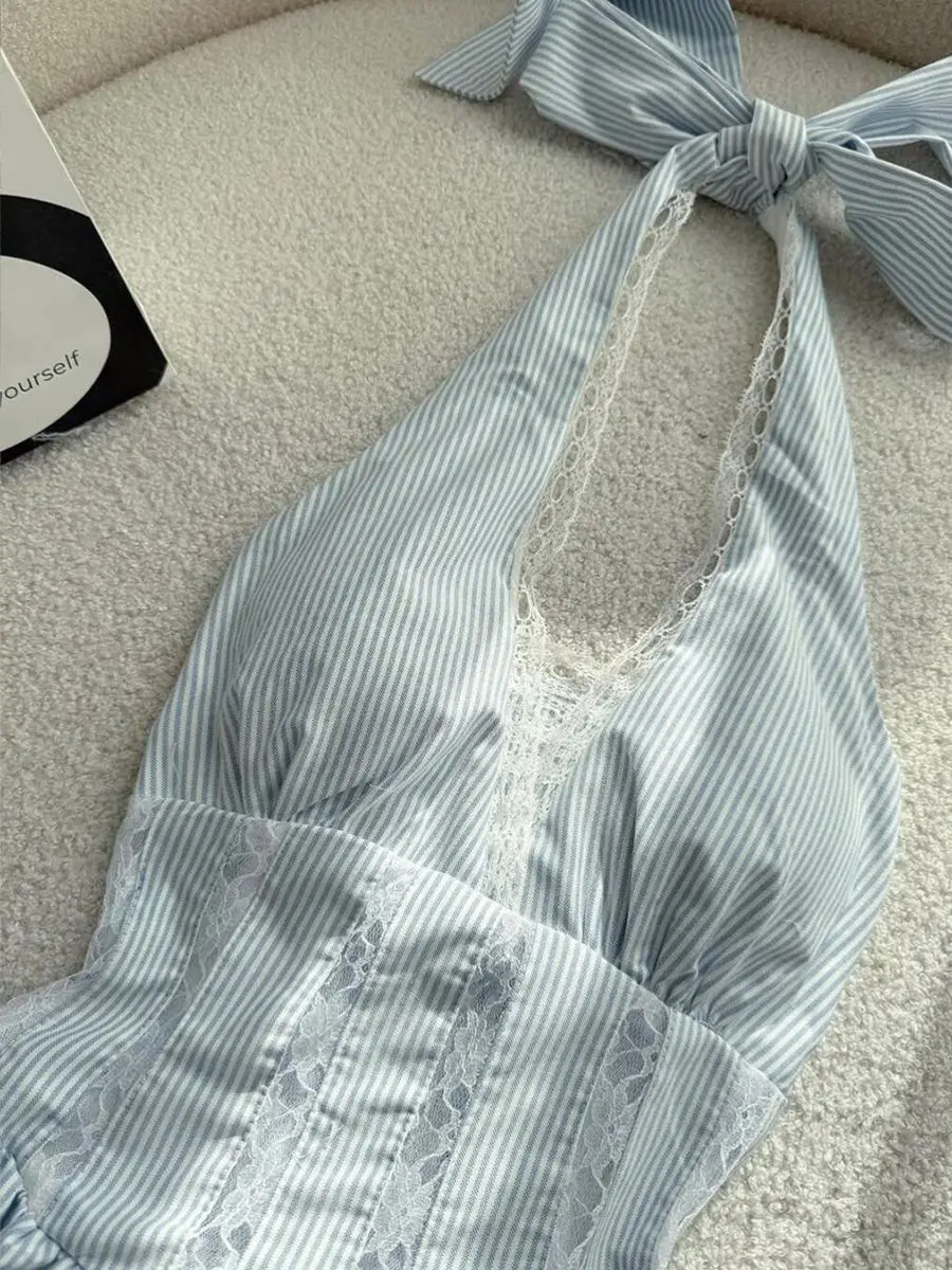 Gothic Vintage Sexy rückenfreies Spitzen-Midikleid, hohe Taille, elegantes Neckholder-Kleid, Sommer-Outfits, schlankes Bandage-Y2k-Kleid, schick