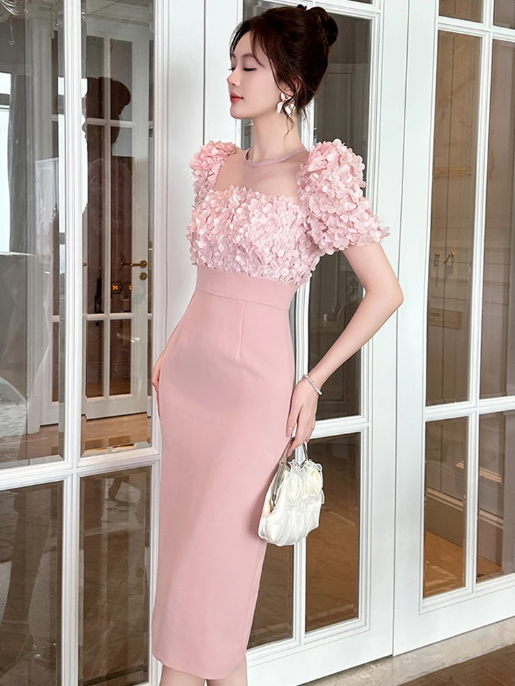 Vestido formal francês elegante para mulheres, lindo, flores rosa, malha transparente, midi, festa de aniversário, festival de música