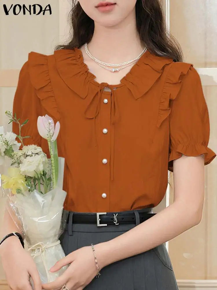 

VONDA Fashion Shirts Elegant Women Short Puff Sleeve Blouse 2024 Summer Casual Doll Collar Solid Color Buttons Tunic Tops Blusas