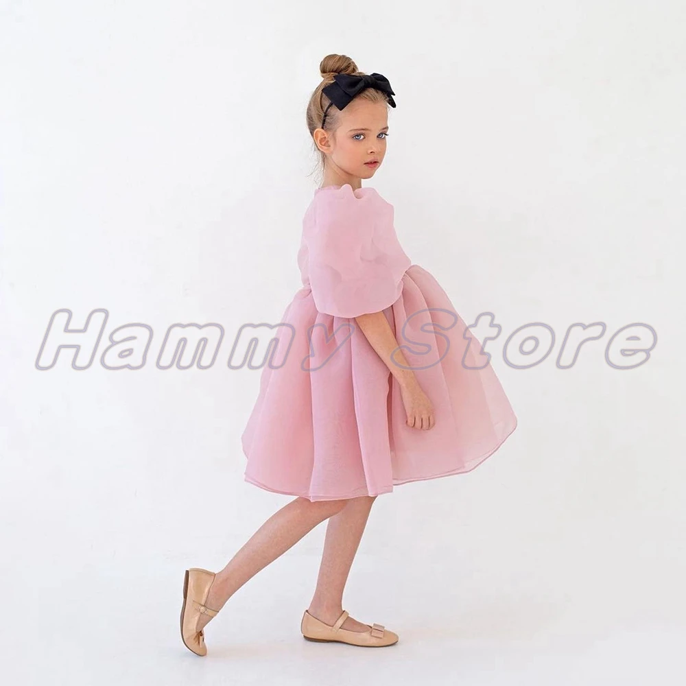 Cute Baby Girl Flower Girl abiti maniche corte O collo compleanno principessa Party Gown lunghezza al ginocchio Oranza santa comunione Dress