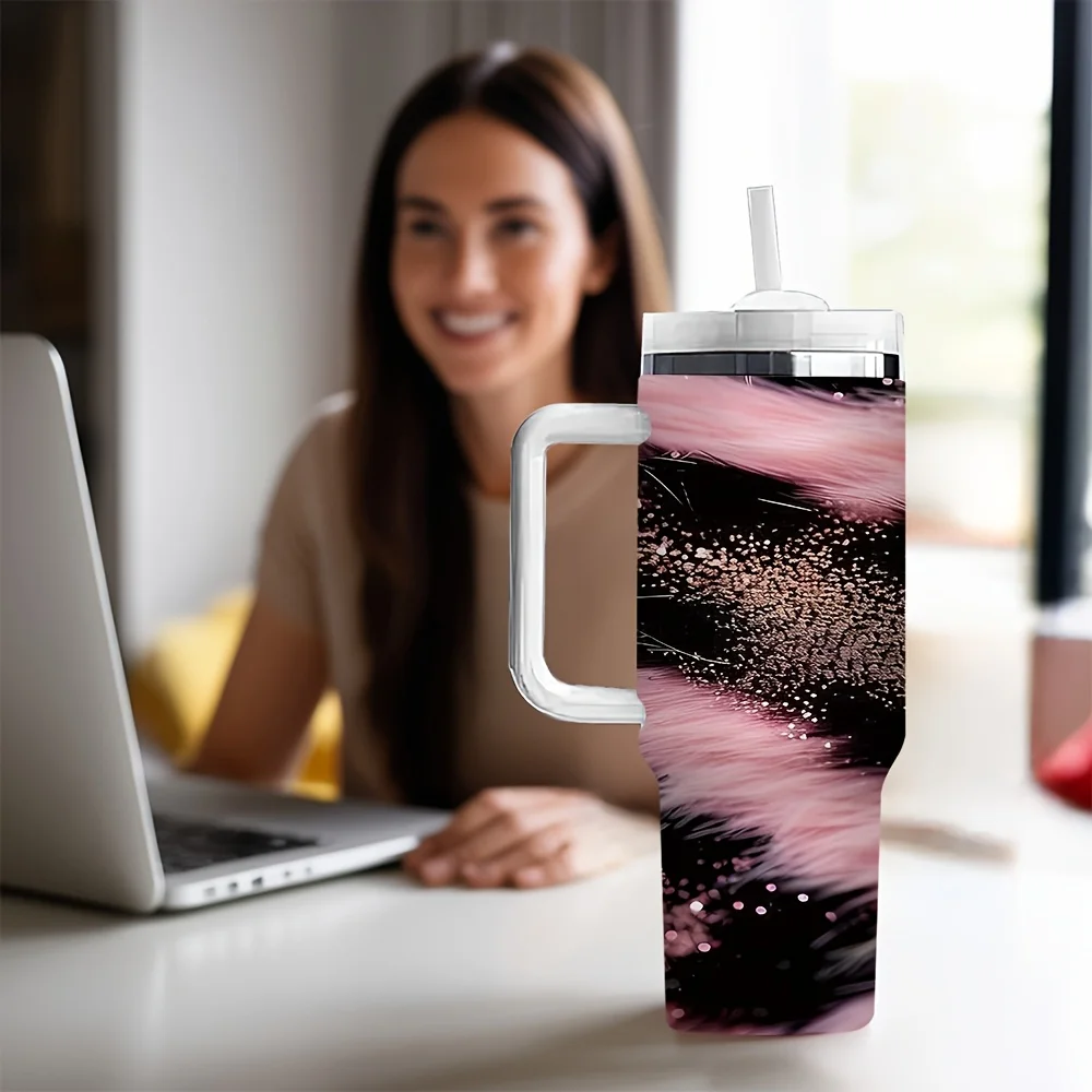 Trendy Pink Black Leopard Print Glitter Sparkle Pattern Insulated Travel Tumbler with Handle And Reusable Drinking Straw