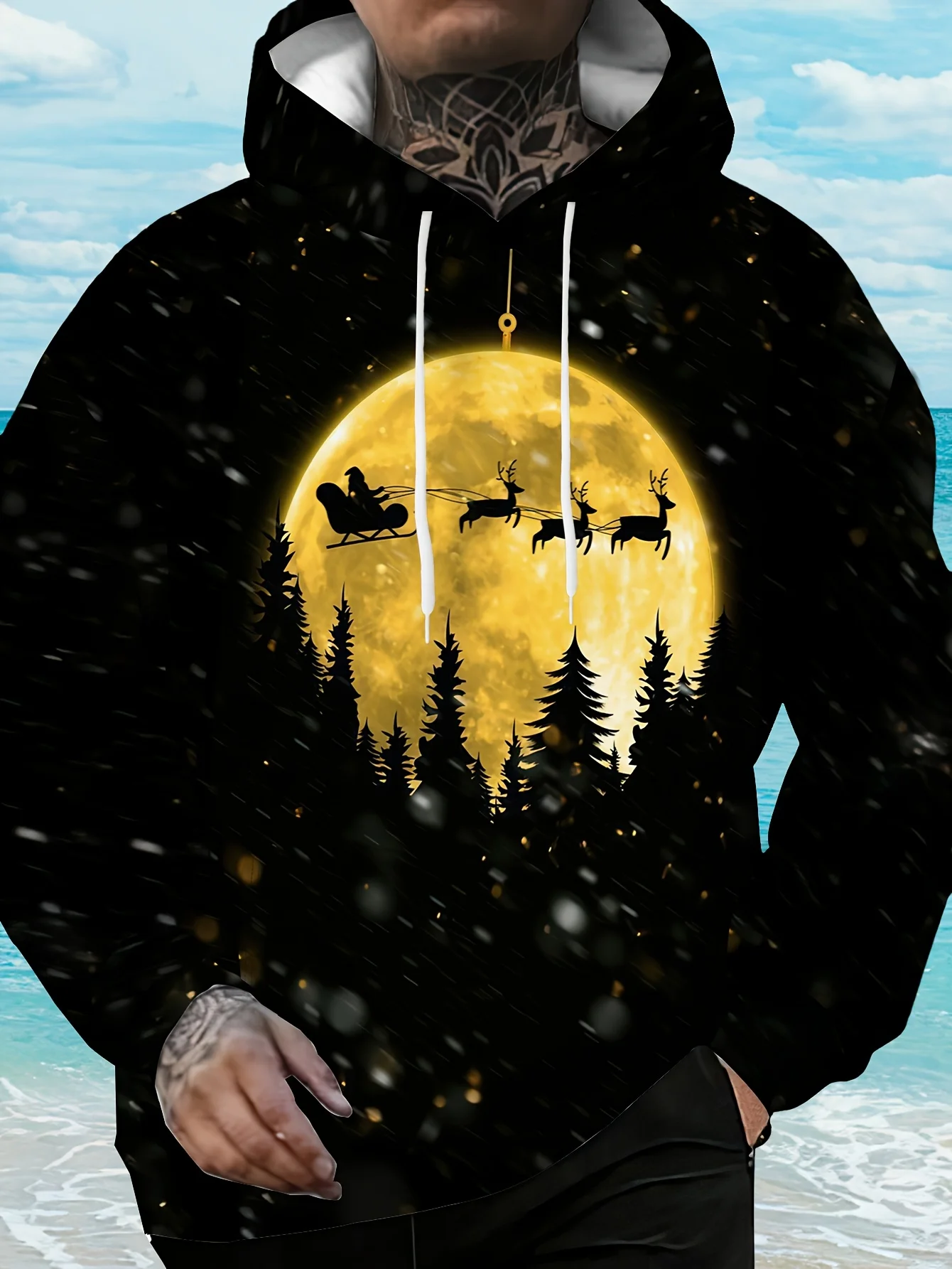 Men Christmas Santa Sleigh Reindeer Full Moon Forest Print Hoodie Drawstring Pocket Long Sleeve Casual Pullover Sweatshirt