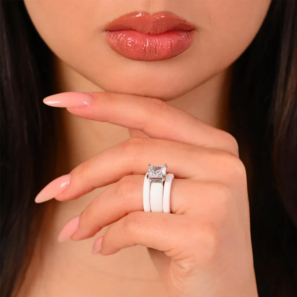 Princess Cut Cubic Zirconia Ring with 3-Layer White Silicon Band, Modern Chunky Silver Plated Statement Ring, Bridal Promise Jew