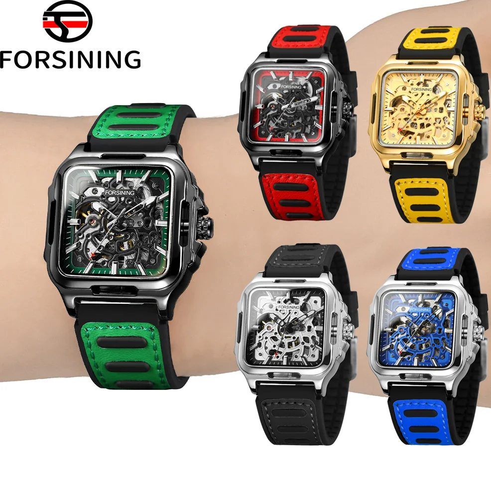 FORSINING Original Square Skeleton Mechanical Men Wristwatches Automatic Movement Field Sport Green Rubber Luxury Replica Watch
