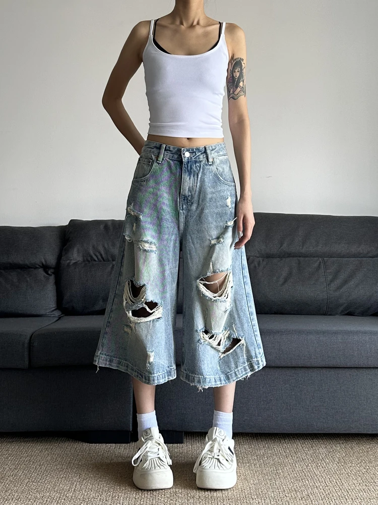 

Большие размеры, американские джинсовые orts в стиле ретро, женские летние тонкие свободные брюки из Гонконга, прямые брюки на семь футов, повседневные высокие брюки...