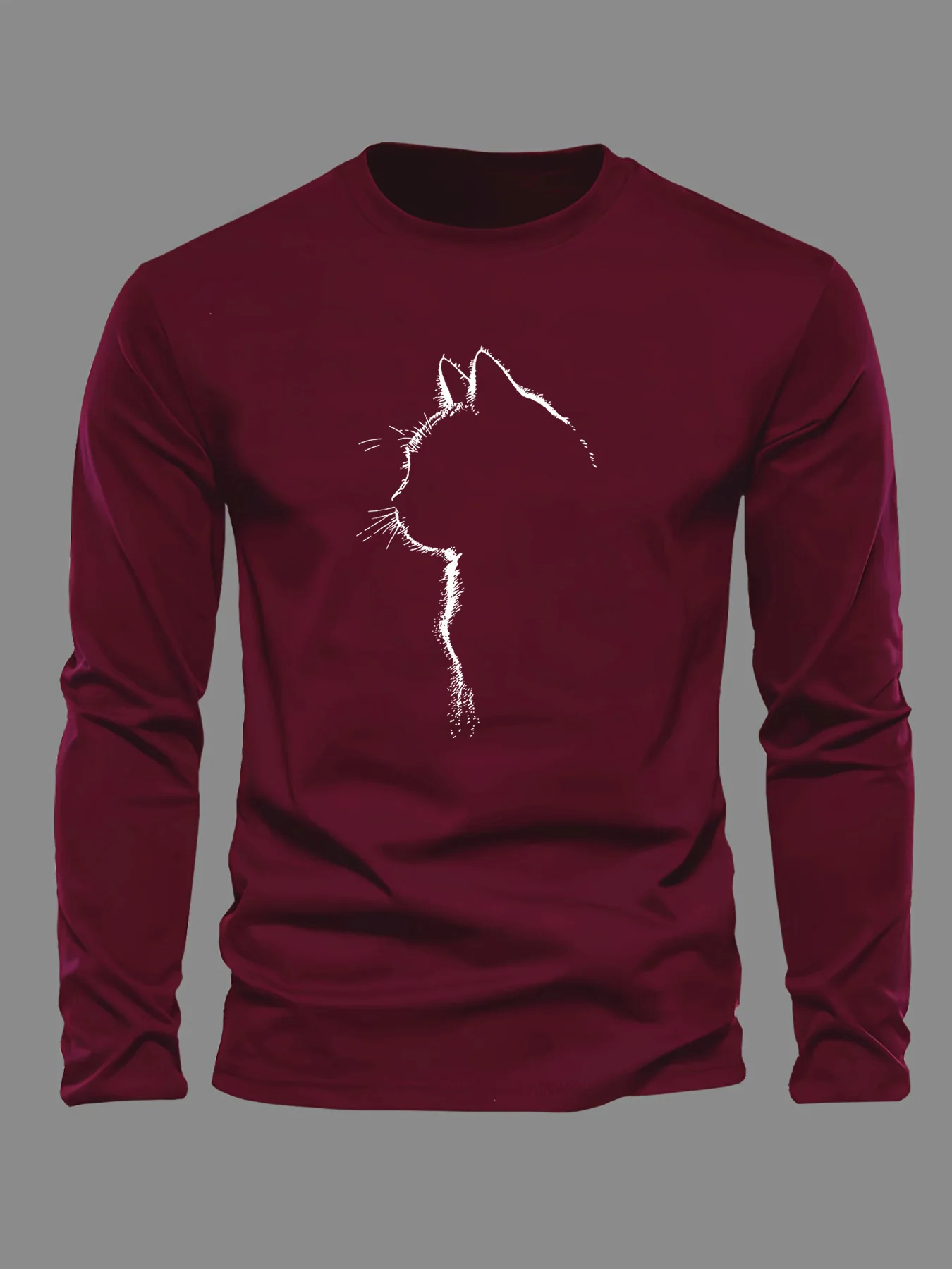 

100% pure cotton men's long sleeved round neck loose classic cat pattern printed spring and autumn casual versatile T-shirt top