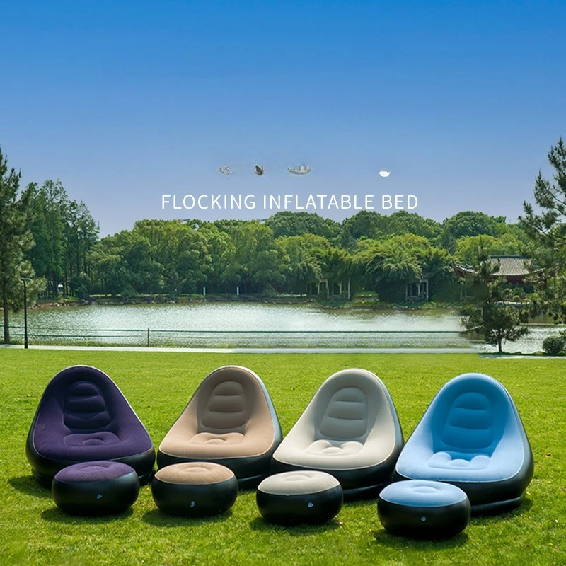 Flocked Inflatable Lounge Chair & Bed - Portable Air Sofa for Home, Outdoor Camping, Recliner with Ottoman, Thick PVC Relaxer
