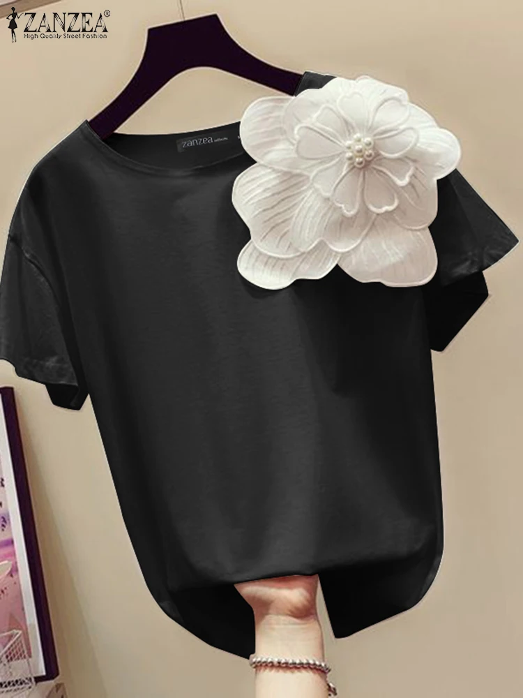 ZANZEA Elegant Women Decorative Flower Blouses 2024 Summer Short Sleeve O Neck Solid Color T-shirts Casual Loose Tops Femininas