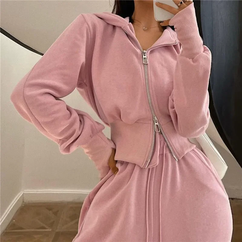 

2023 Autumn Tracksuit Women Two Piece Set Korea Zip Up Hoodie Drawstring Sweatpants Casual Pants Solid Sportswear Female Suit