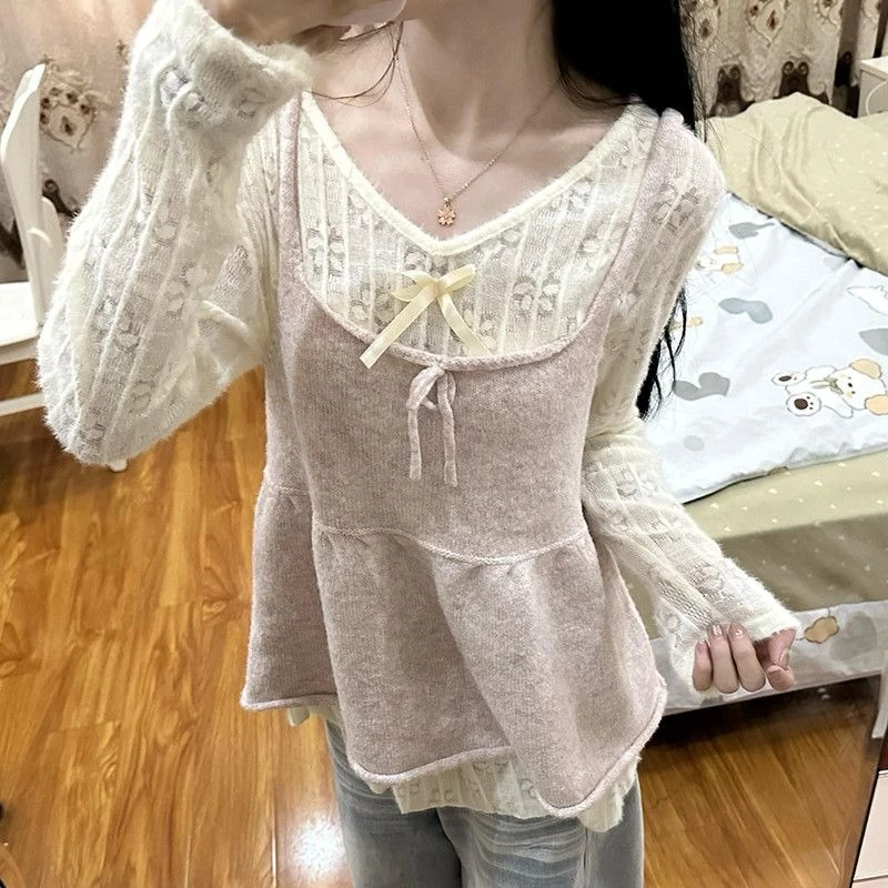 ชุดเซ็ตสองชิ้น เสื้อสเวตเตอร์ผู้หญิง สไตล์สาวหวาน โบว์น่ารัก ถักนิตติ้ง สไตล์เกาหลี คอวี แนวค็อกเก็ต