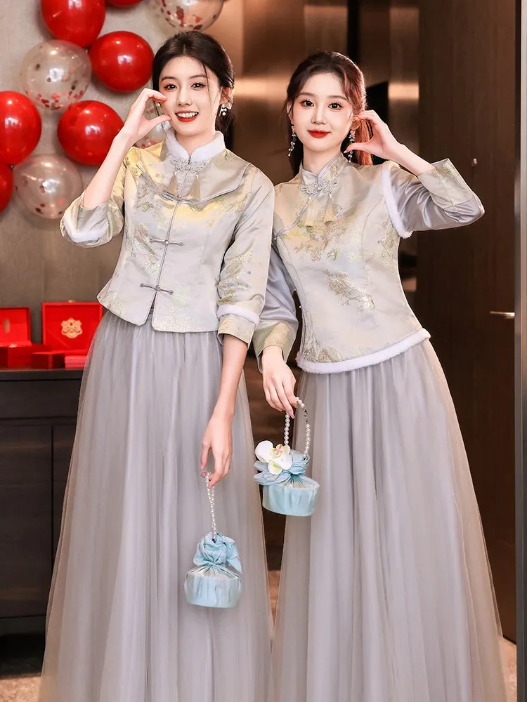 

Новое китайское женское платье-миди с длинным рукавом, теплое, элегантное, приталенное, винтажное, для свадьбы