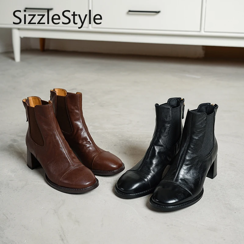 المرأة العصرية جلد طبيعي بسيط خياطة التباين خياطة سترتش كعب مكتنز أحذية الكاحل