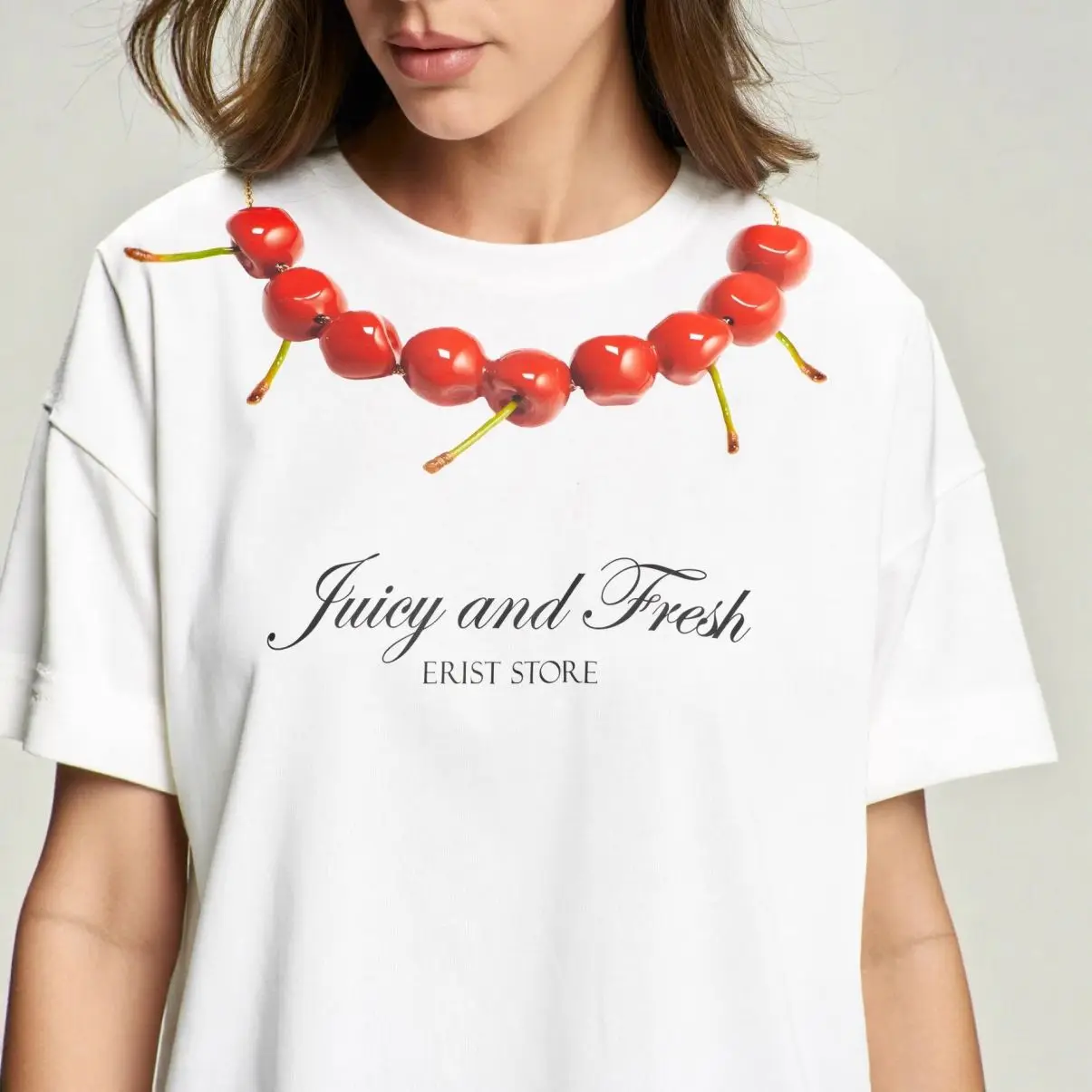 

Стильная футболка оверсайз для женщин и девушек с принтом вишневого ожерелья, из чистого хлопка, с надписью «Juicy and Fresh», повседневная, универсальная