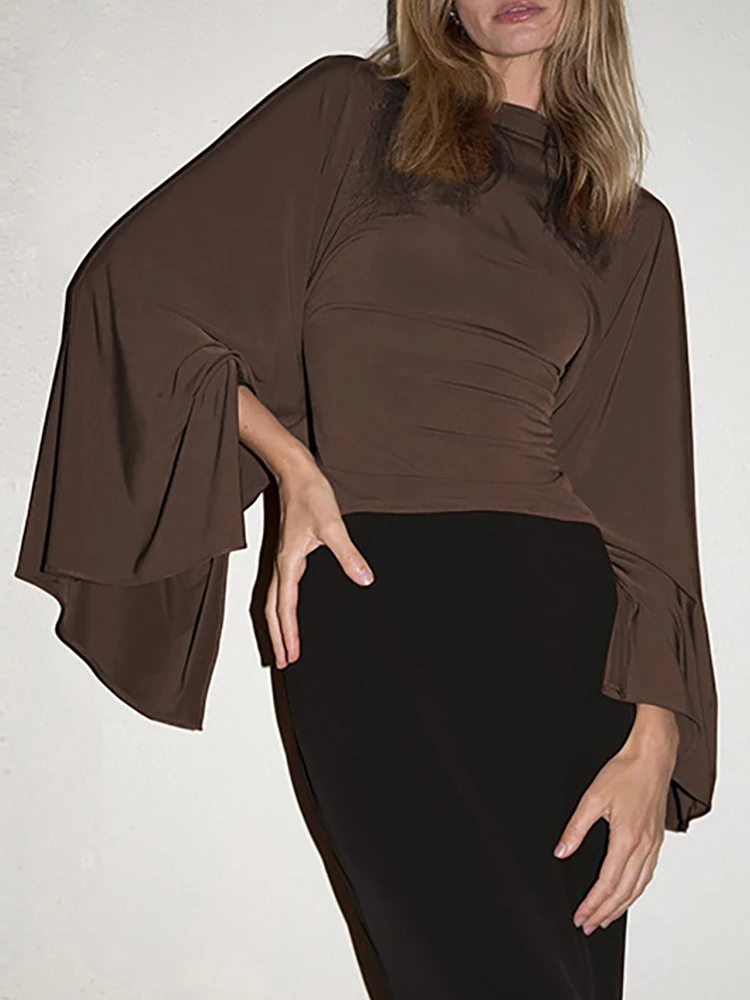 

Модный пуловер с круглым вырезом, топ и юбка, женский элегантный драпированный костюм с высокой талией, однотонный тонкий комплект из 2 предметов, весенне-осенняя повседневная юбка, наряды