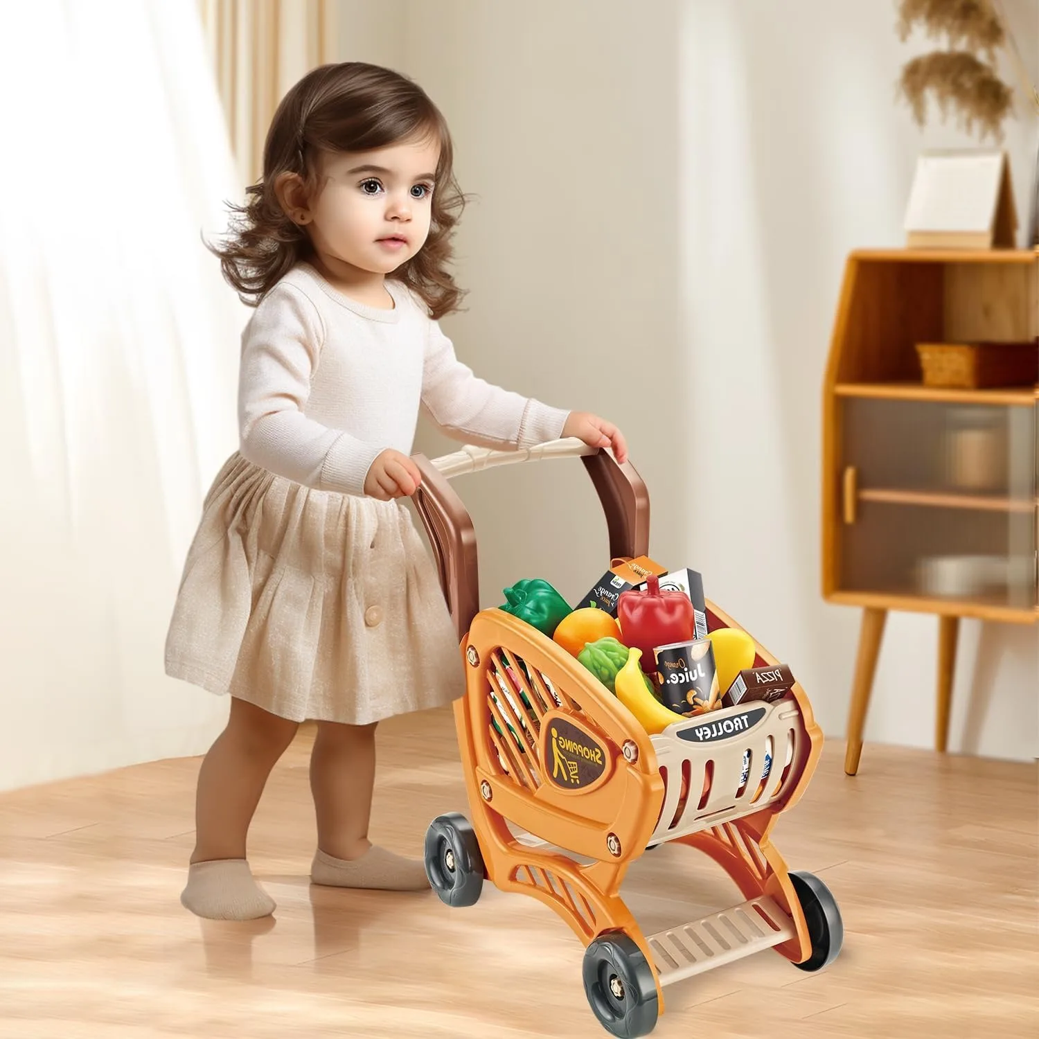 

Kids Shopping Cart Toy Shopping Cart with Play Food Fruit Dessert Pretend Play Shop Grocery Store Toy Trolley Play Set for Kids