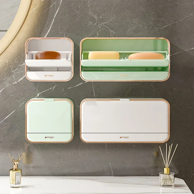 Creative Wall Mounted Soap Box With Lid Double Grids Soap Draining Rack Holder Bathroom Soap Bathroom Accessories