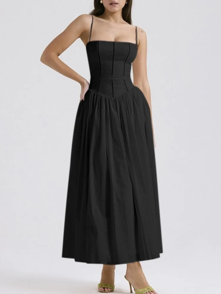 Robe à bretelles pour femme, style élégant et doux, pour le travail, été, fine, à fleurs, sans manches, taille mi-haute, longue jupe