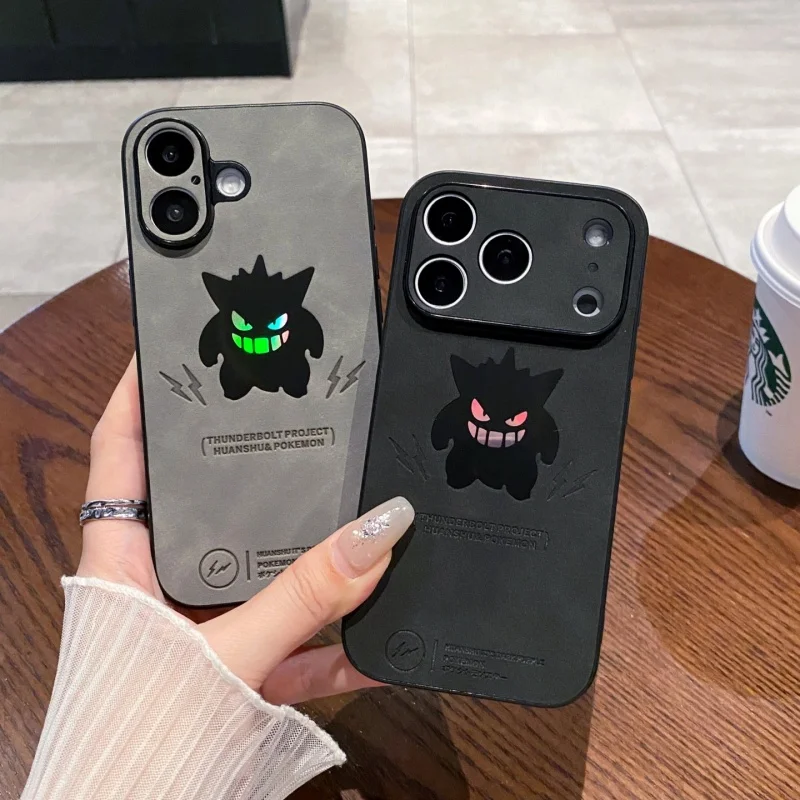 

Luxury Emboss Leather Cute P-Pokemon Gengar Suede Soft Leathe Phone Case For iPhone 17 11 12 13 14 15 16 Pro Max Plus Cover﻿﻿