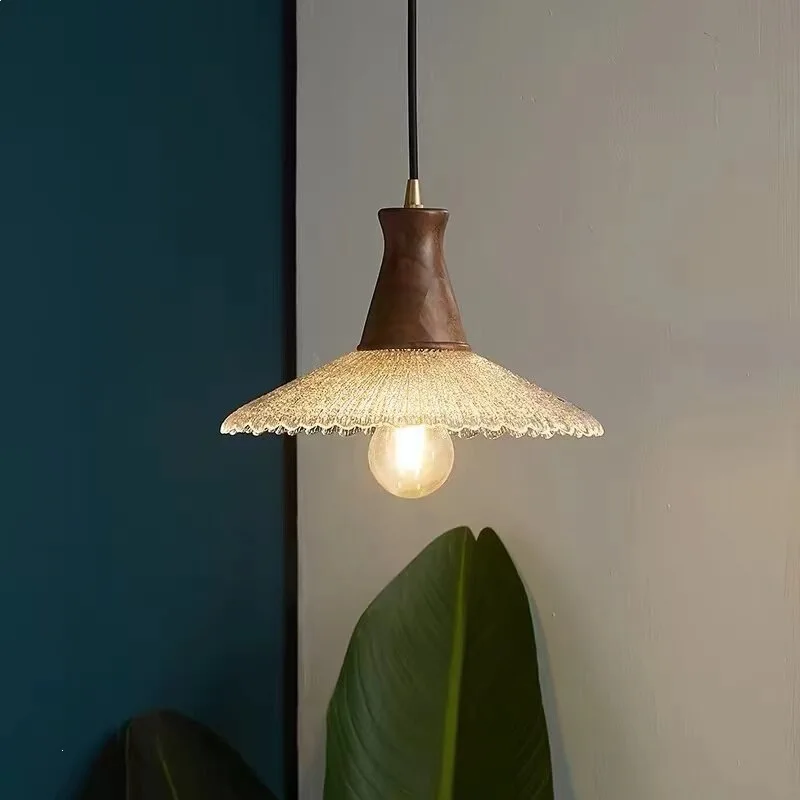 

Japanese retro walnut color bedroom bedside chandelier wabi sandy wind cafe island bar restaurant glass chandelier